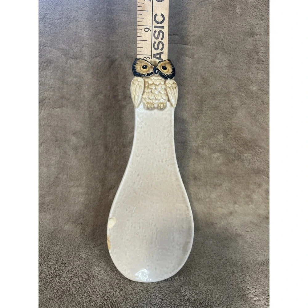 Vintage Owl‎ Ceramic Spoon Rest Otagiri Beige Brown Black Hanging Tabletop